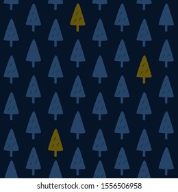 Christmas trees arty vector, seamless pattern, pretty greeting card. Blue Festive winter forest, navy blue background, ocher gold detail. Cute wrapping paper, holiday textile print, stationery design