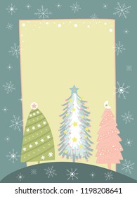 Christmas Trees background on yellow and green pastel with copy space for text with snowflakes on frame,Cute tree with decoration in flat cartoon design,Illustration for greeting card, invitation card