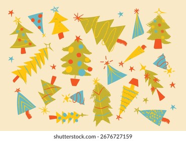 Árboles de Navidad de fondo de estilo nostálgico retro con Elementos dibujados a mano