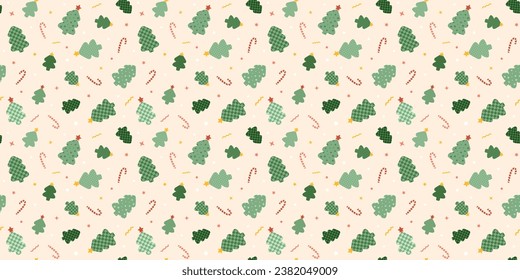 Christmas trees background in retro style with checkered patterns inside, dots, tinsel and candy cane. Groovy New Year seamless pattern with patch spruce. Vector vintage illustration.