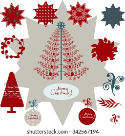Christmas trees, balls, decorative elements and stars. Isolated vector elements  for holiday design