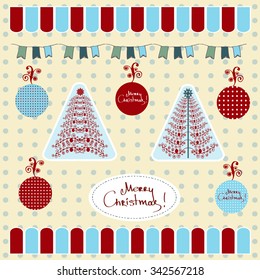 Christmas trees, balls and flags. Isolated vector elements and background for holiday design