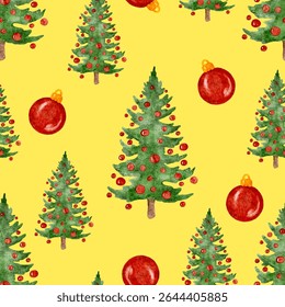 Christmas trees and baubles festive pattern, yellow background. Vector illustration