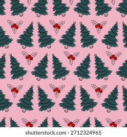 Christmas Trees and Berries Vector Seamless Pattern