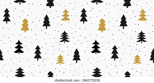 Christmas trees black and gold seamless pattern. Vector illustration.