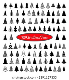 Christmas trees black silhouettes. Vector set template for laser, paper cutting. Decorative ornate illustrations. Trees for cards, flyers, print. Modern design for winter holidays. Home decorations.