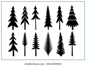 Christmas trees black silhouettes. Vector set template for laser, paper cutting. Decorative handdraw illustrations. Trees for cards, flyers, print. Modern design for winter holidays. Home decoration.