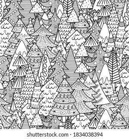 Christmas trees black and white seamless pattern. Winter coloring page for adults and kids. Outline festive background. Great for coloring book. Vector illustration