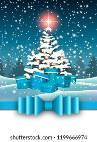 Christmas trees and blue gift boxes in snowy landscape and big shinny star, holidays motive, vector illustration, eps 10 with transparency