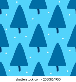 Christmas trees are blue on a blue background with snow. The pattern is a seamless vector. For textiles, fabrics, Christmas and New Year holidays, backgrounds, wallpapers.
