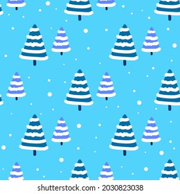 The Christmas trees are blue on a light background. The pattern is a seamless vector. For textiles, fabrics, Christmas and New Year holidays, backgrounds, wallpapers.