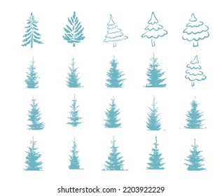 Christmas trees blue set. Vector illustration