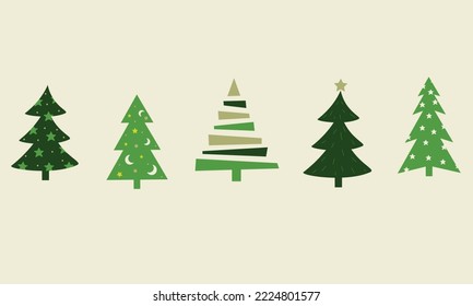 Christmas trees in boho style in green color. Flat style