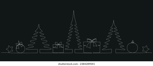 Christmas trees with boxes - hand drawing one single continuous line. Vector stock illustration isolated on black background for design template winter banner, greeting card. Editable stroke. EPS 10. 