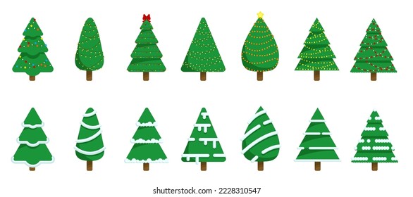 Christmas trees. Can be used for printed materials - leaflets, posters, business cards or for web. Colorful winter trees collection for holiday xmas and new year. Vector illustration.