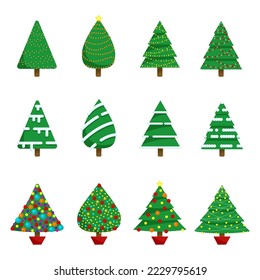 Christmas trees. Can be used for printed materials - leaflets, posters, business cards or for web. Colorful winter trees collection for holiday xmas and new year. Vector illustration.