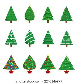 Christmas trees. Can be used for printed materials - leaflets, posters, business cards or for web. Colorful winter trees collection for holiday xmas and new year. Vector illustration.