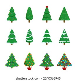 Christmas trees. Can be used for printed materials - leaflets, posters, business cards or for web. Colorful winter trees collection for holiday xmas and new year. Vector illustration.