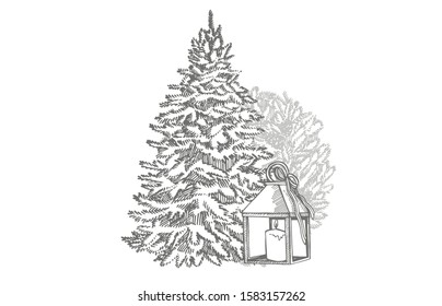 Christmas trees and candles on white background. New year and Christmas design elements. Greeting card invitation with xmas graphic. Vintage illustration.