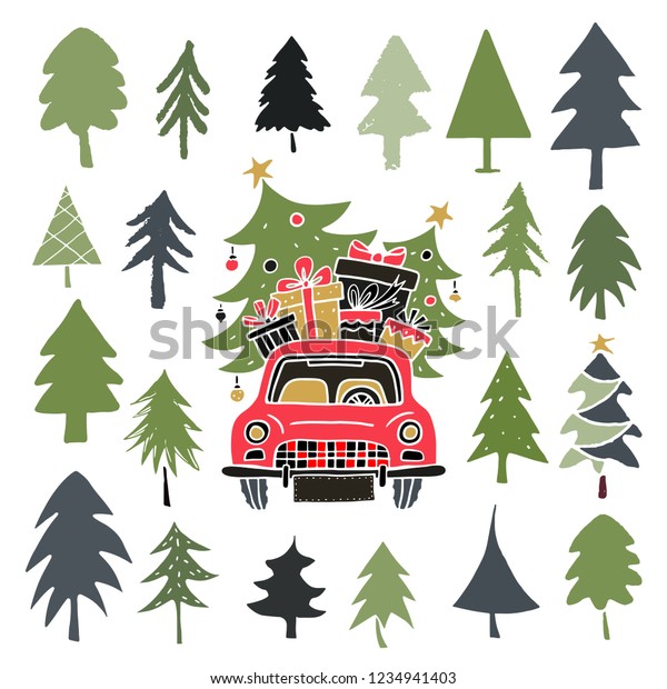 Christmas trees, car set. Sketch hand drawn\
icons. Isolated on white\
background