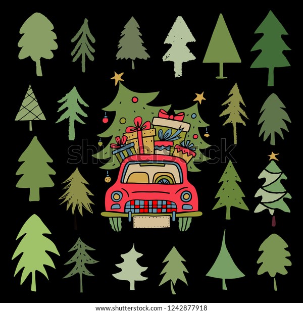 Christmas trees, car set. Sketch hand drawn\
icons. Isolated on black\
background