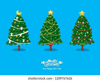 Christmas trees cartoon collection. Merry Christmas and happy new year for decorative element on holiday. Vector Illustration.