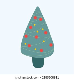 Christmas trees in a cartoon, cute, flat style. If decorated with balloons, garlands, hearts and stars. If green, gray, beige, purple colors.