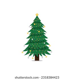 Christmas trees cartoon. New Years and Xmas traditional symbol tree with garlands, light bulb, star. Winter holiday.