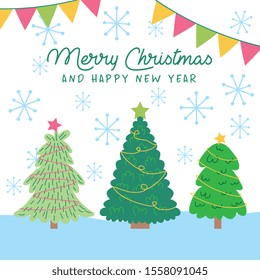 christmas trees cartoon with stars frost and pennants. vector illustration