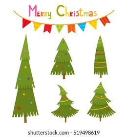 Christmas trees in cartoon style, vector illustration isolated on white. Green fir tree with balls and garlands with text - Merry Christmas.