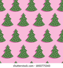 Dibujo de árboles de navidad en vectores sin costura. Árbol de navidad verde sobre fondo rosado. Textura de invierno con iconos de color de dibujos animados. Impresión de año nuevo. Texturas de moda dibujadas a mano para las vacaciones de invierno