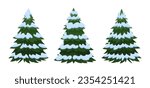 Christmas trees. Cartoon Xmas green fir trees covered with snow flat vector illustration. Winter Holiday elements collection