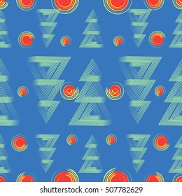 Christmas trees and circles. Seamless pattern. Christmas tree made from triangles and circles toys on a light blue background.