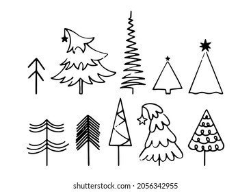 Christmas trees collection in black isolated on white background. Line art winter set with Christmas trees. Festive doodle elements for holidays and decorative design. Flat vector illustration