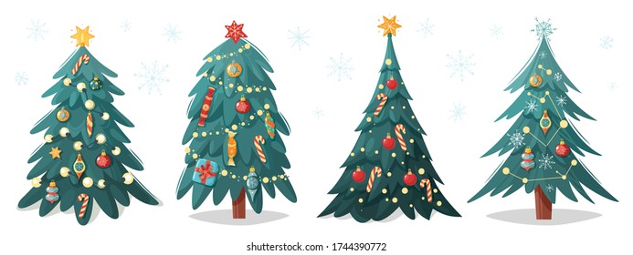 Christmas trees collection. Cartoon flat style. Holiday garlands, snowflakes and bulbs. Vector illustration