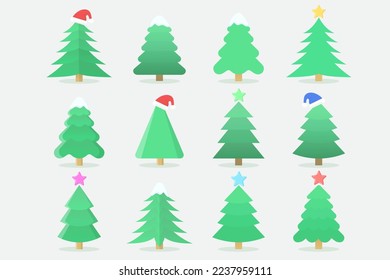 Christmas trees collection. With Christmas hats, stars and snow on top