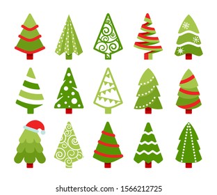 Christmas trees color flat vector illustrations set. Winter holiday decorations. Stylized Xmas fir trees isolated on white. Simple spruces with ornaments collection. New Year minimal logotypes ideas