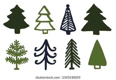 Christmas trees color icons set on white background. New year ornament doodle flat vector illustrations. Festive hand-drawn style images