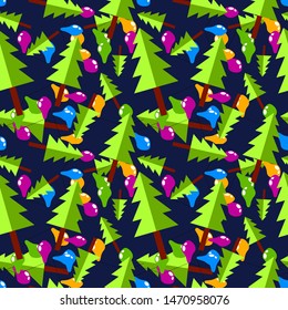 Christmas trees with colored light bulbs on a dark blue background