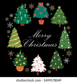 Christmas trees with colorful baubles, balls, ribbons and snow, candles vector illustration. Glowing merry christmas and new year festive background with light beams and sparks on dark background.