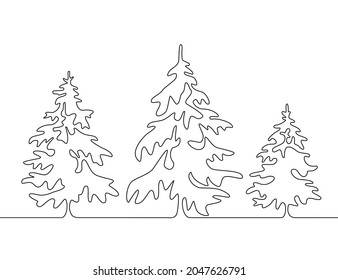 Christmas trees in a contoured style. Linear art. Vector on an isolated white background. Hand-drawn illustrations in one line for natural, festive decor, background, cover, postcards.