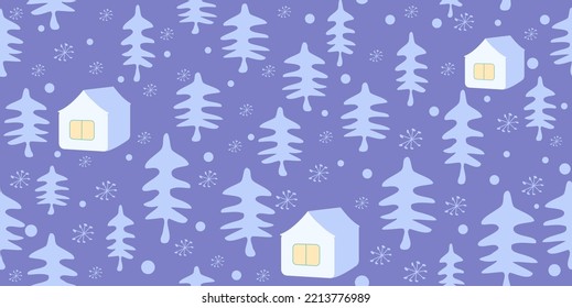 Christmas trees and cozy houses in a seamless pattern, modern flat design. Can be used for printed materials, textiles, banners