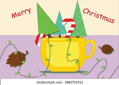 Christmas trees in a cup with cones and a garland