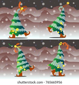 Christmas trees dancing in nature in red boots