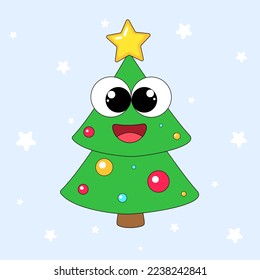 Christmas trees decorated with Christmas balls with garlands. Cute cartoon characters. A Christmas tree with eyes. Symbols of a Merry New Year and Christmas. Vector