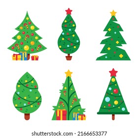 Christmas trees decorated with lights garlands and star on top. Cartoon xmas and new year fir trees with gift boxes. Winter holiday evergreen symbol of different shapes isolated on white