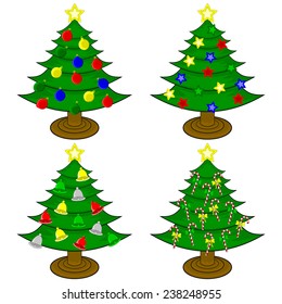 Christmas trees decorated with red, green, blue and gold baubles, stars, bells and candy canes