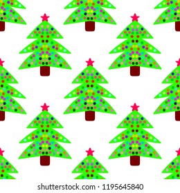 Christmas trees decorated with star and balls on white background. Seamless vector pattern.