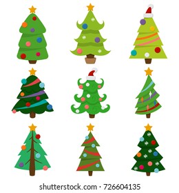 Christmas trees decorated vector set flat cartoon icons of different form of spruce and pine isolated on white background.