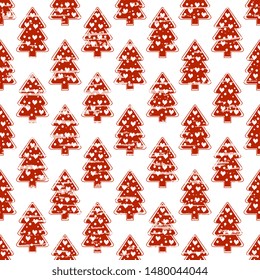 Christmas trees decorated with white balls and hearts. Seamless vector pattern for festive prints, paper, cover, card, fabric, surface design. Textured winter holiday illustration.
